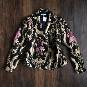 Hilary Radley Brocade Jacquard Floral Embellished Embroidered Moto Zip Jacket
